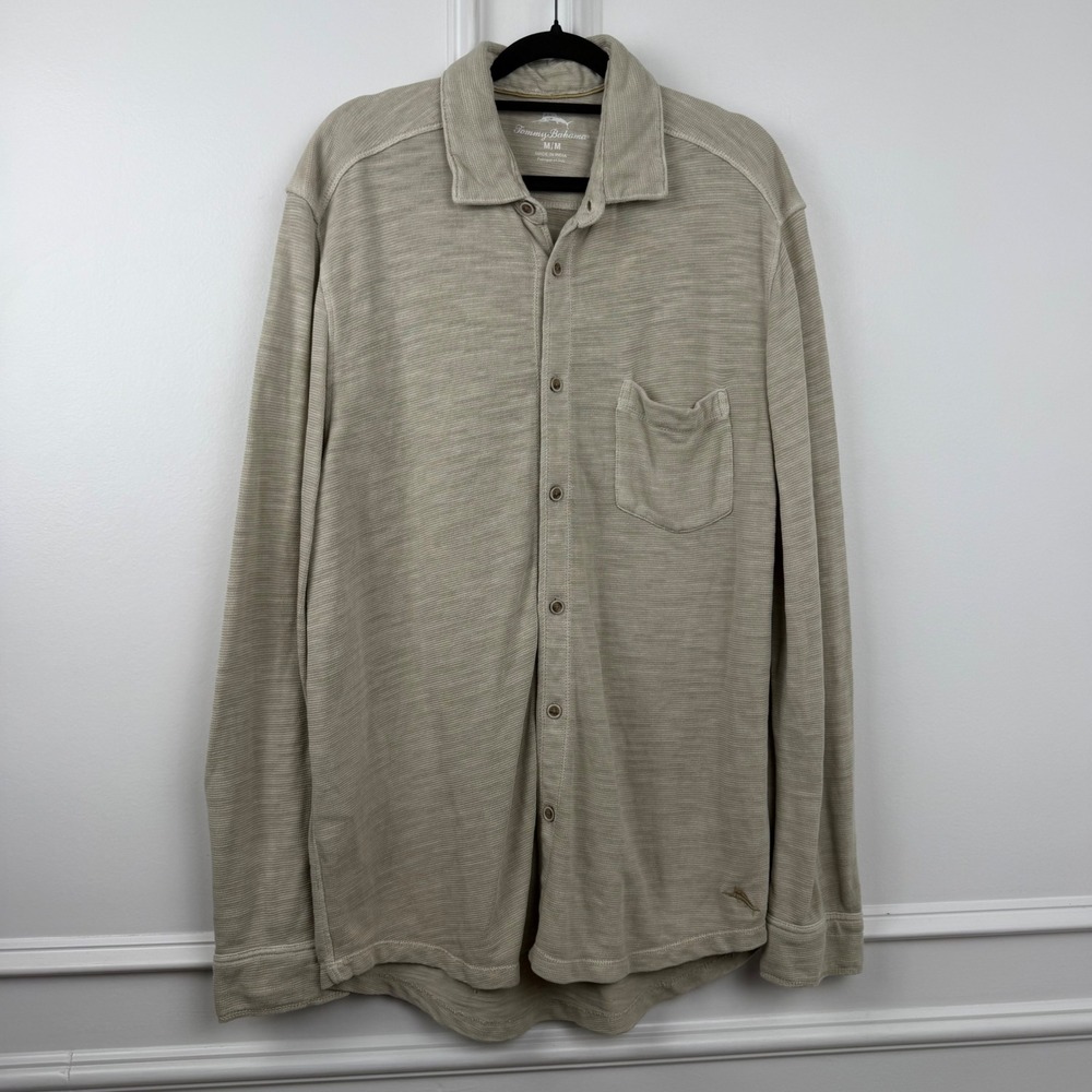 Tommy Bahama Mens Medium Beige Slub Knit Long Sleeve Button Down Shirt Pocket